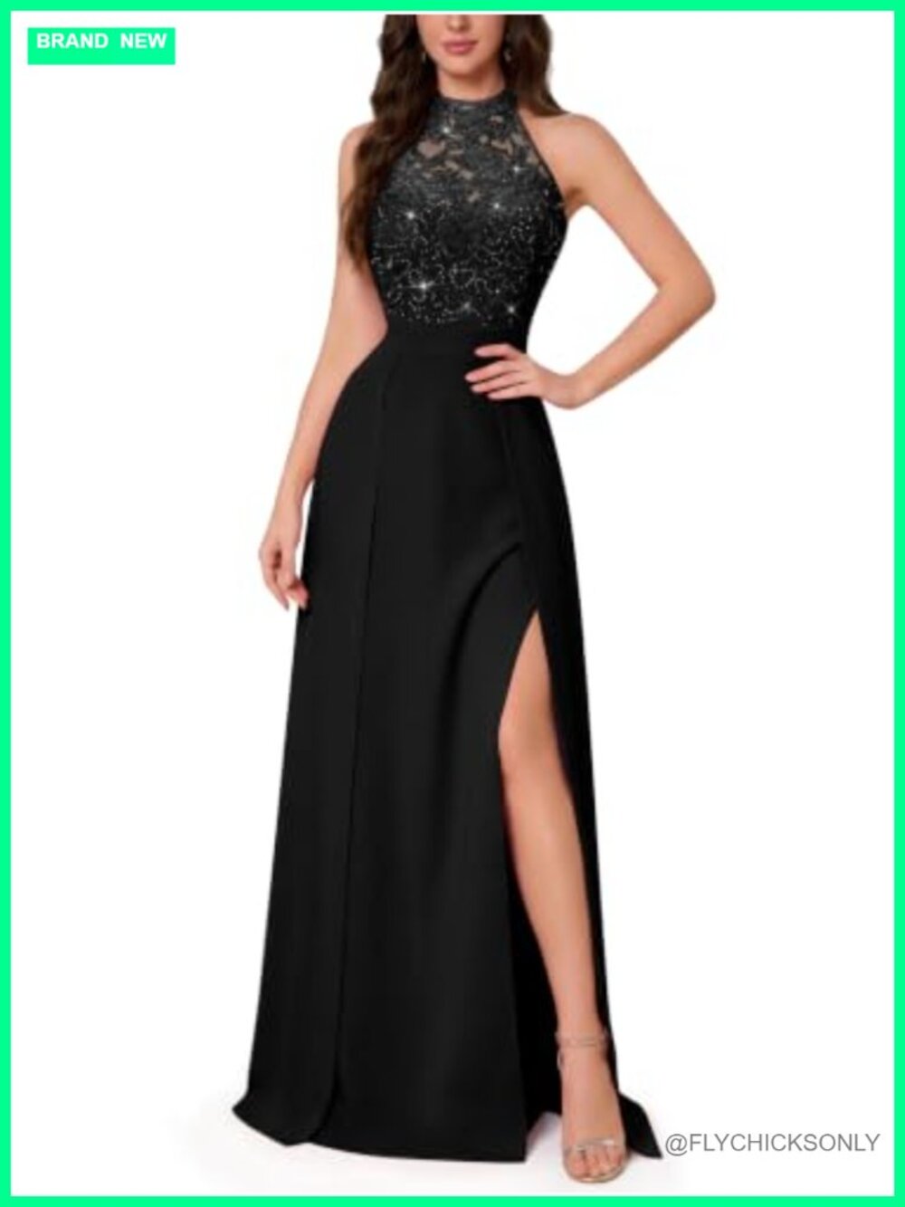 A-Line Halter Sequin Lace High Split Chiffon Bridesmaid Gown